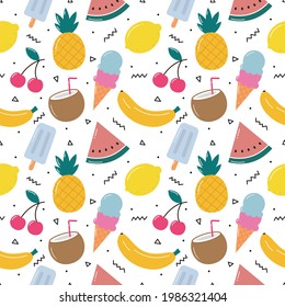 cute tropical fruits  with ice cream seamless pattern. lemon, watermelon, pineapple. summer food on white background. illustration vector.