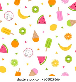 Cute tropical fruits and ice cream seamless pattern background