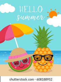 Cute tropical fruits on the beach in summer holidays concept