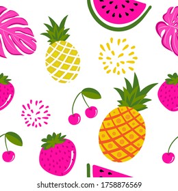 Cute tropical fruits pattern background - funny vector drawing seamless pattern. Lettering poster or t-shirt textile graphic design. / Cute illustration. wallpaper, wrapping paper.