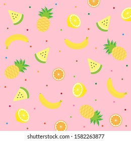 Cute tropical fruits season (Lemon ,Cavendish banana ,Pineapple ,Watermelon ,Orange) isolated on pink background with colorful polka dot.Design for summer backdrop ,Print ,Screen wallpaper.Vector.