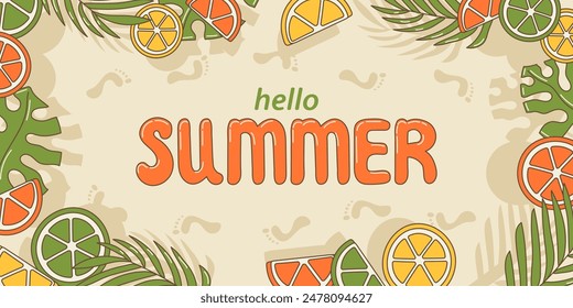 Cute tropical horizontal banner with footpint, citrus and palm leaves around and word summer in the center, cartoon groovy style