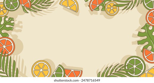 Lindo Anuncio tropical Horizontal vacío con cítricos y hojas de palma, estilo de dibujos animados groovy