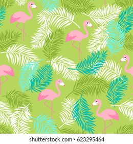 Cute tropical illustration seamless pattern with flamingo and palm leaf