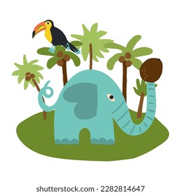 Cute tropical island scene with an Elephant cobb holding in a trunk a coconut and a toucan on a palm tree. Explore, traveling, paradise life, adventures symbol. Childish hand-drawn illustration.