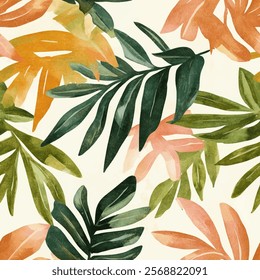 Cute tropical leave seamless watercolor pattern background. Leave vector illustration. Watercolor print in rustic vintage style, textile or wallpapers.