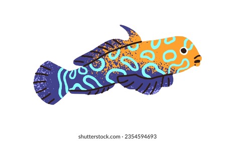 Cute tropical mandarin fish. Exotic aquarium water animal, mandarinfish swimming. Sea marine small spotted species. Ornamental bright fauna. Flat vector illustration isolated on white background