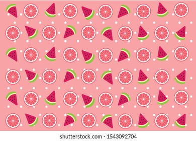 Cute tropical mix fruit (Red watermelon ,Grapefruit) half slice pattern with white polka dot isolated on pink background.Geometric shape.Design for print screen fruit backdrop ,Wrapping paper.Vector.