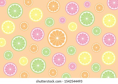 Cute tropical mix fruits (Orange ,Lemon ,Lime and Grapefruit) pattern isolated on orange color background.Memphis style.Design for backdrop ,Wallpaper.Summer concept.Vector.illustration.