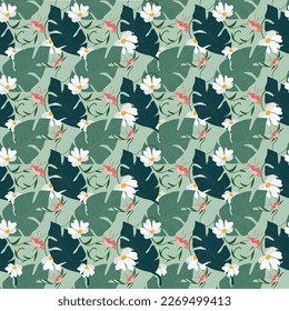 Cute tropical monstera plant leaf and flower seamless pattern background, vector, illustration design. For fabric, print 