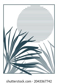 Cute tropical palm leaves on the background of the sun consisting of stripes. Modern composition of exotic nature. Vector.