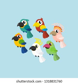 Cute tropical parrot cartoon vector. Animal wildlife character set. Colourful feathers and wing of birds.