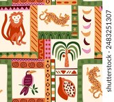 Cute tropical patchwork seamless pattern. Vector African tribal print, cute jungle animals framed. Leopard, monkey, toucan, palm tree in summer beach exotic background, Brazilian ethnic wallpaper.