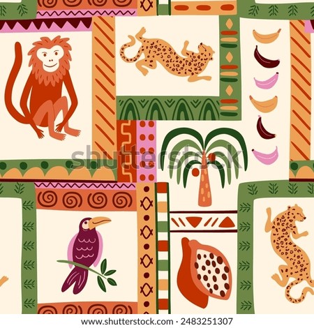 Cute tropical patchwork seamless pattern. Vector African tribal print, cute jungle animals framed. Leopard, monkey, toucan, palm tree in summer beach exotic background, Brazilian ethnic wallpaper.