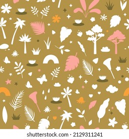 Cute tropical seamless pattern with abstract floral silhouettes. Vector print for kids textile with trees, leaves and flowers on green background