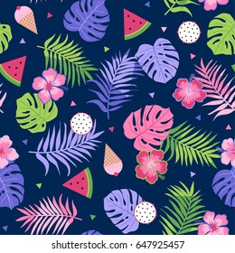 Cute tropical seamless pattern background with hibiscus, tropical leaf, ice cream, fruit vector