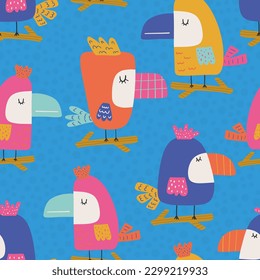 Cute tropical seamless pattern with different exotic birds toucan on blue background. Colorful vector illustration for wallpaper, fabric print, wrapping paper.