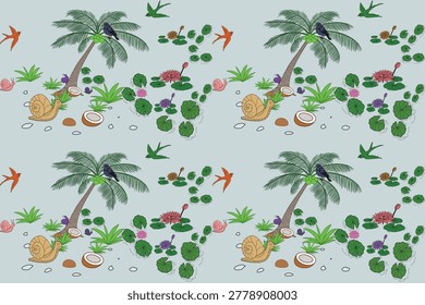 Cute tropical seamless pattern featuring palm trees, lotus ponds, birds, snails, and tropical plants on soft pastel background. Hand drawn nature illustration with whimsical jungle elements, ideal for textile prints, wallpaper, kids fabric, wrapping paper, and decorative backgrounds.