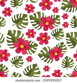 Cute tropical seamless pattern with flowers and monstera. Exotic ornament. Vector design