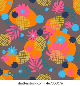 Cute tropical seamless pattern with pineapple, palm leaf, flower, stain, circle. Abstract colorful background with exotic fruits, palm foliage for design. Vector illustration.