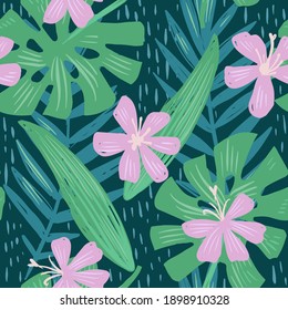 Feine tropische nahtlose Muster mit rosafarbenen Blumen, Monstera und Palmenblättern.