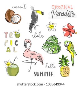 cute tropical set of different stickers with wild birds, exotic fruits, flowers and leaves. Summer cartoon doodle hand drawn vector elements