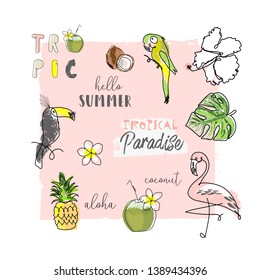 cute tropical set of different stickers with wild birds, exotic fruits, flowers and leaves. Summer cartoon doodle hand drawn vector elements