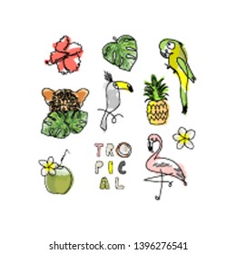 cute tropical set of different stickers with wild birds, exotic fruits, flowers and leaves. Summer cartoon doodle hand drawn vector elements