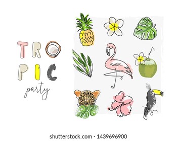 cute tropical set of different stickers with wild birds, exotic fruits, flowers and leaves. Summer cartoon doodle hand drawn vector elements