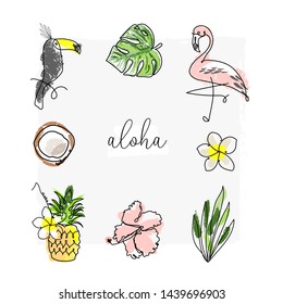 cute tropical set of different stickers with wild birds, exotic fruits, flowers and leaves. Summer cartoon doodle hand drawn vector elements