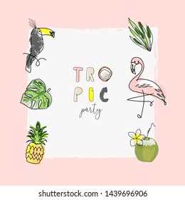 cute tropical set of different stickers with wild birds, exotic fruits, flowers and leaves. Summer cartoon doodle hand drawn vector elements