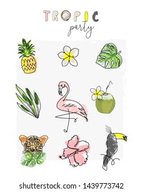 cute tropical set of different stickers with wild birds, exotic fruits, flowers and leaves. Summer cartoon doodle hand drawn vector elements