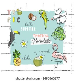 Cute Tropical Set Of Different Stickers With Wild Birds, Exotic Fruits, Flowers And Leaves. Summer Cartoon Doodle Hand Drawn Vector Elements