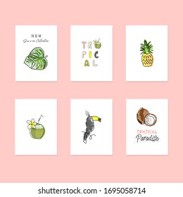 cute tropical set of different stickers with wild birds, exotic fruits, flowers and leaves. Summer cartoon doodle hand drawn vector elements