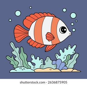 Cute Tropical striped Fish swim among seaweed, Coral and seashells on seabed. Scalary. Underwater seascape landscape. Color Hand Drawing. Vector illustration. Kids collection 
