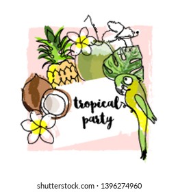 cute tropical summer card with cartoon doodle hand drawn vector elements
