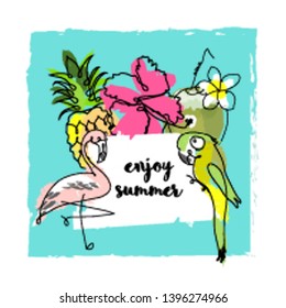 cute tropical summer card with cartoon doodle hand drawn vector elements