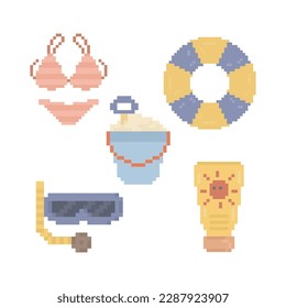 Cute Tropical Summer Holiday Doodle in Pixel Art Illustration
