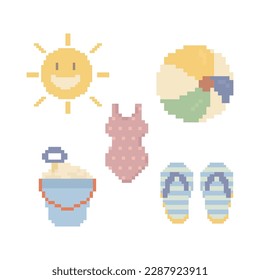 Cute Tropical Summer Holiday Doodle in Pixel Art Illustration