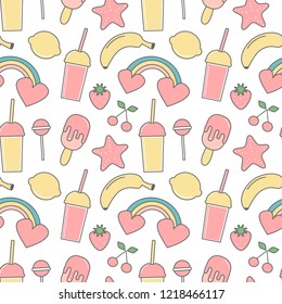 cute tropical summer seamless vector pattern background illustration with smoothies, fresh fruits, rainbows, lollipop, ice cream and starfish