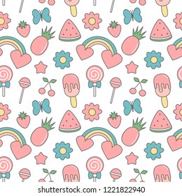 cute tropical summer seamless vector pattern background illustration with butterflies, flowers, fresh fruits, rainbows, lollipop, ice cream and star