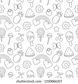 cute tropical summer seamless vector pattern background illustration with butterflies, flowers, fresh fruits, rainbows, lollipop, ice cream and star