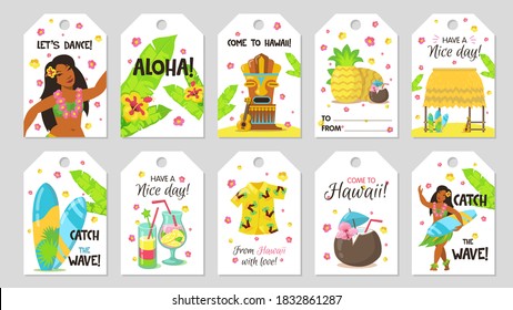 Una etiqueta tropical. Etiquetas de regalo con chica, coco, tabla de surf. Piña, guitarra, cócteles, aloha. La ilustración vectorial puede utilizarse para regalos, mercancías, etiquetas, publicidad