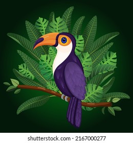 Cute tropical toucan bird vector illustration sitting on a branch in a tropical forest against the background of leaves and monstera for advertising, children book, postcards, posters and more