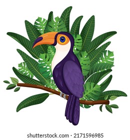 Cute tropical toucan bird vector illustration sitting on a branch in a tropical forest against the background of leaves and monstera for advertising, children book, postcards, posters and more.