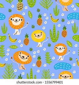 Cute tropical wild seamless pattern. Kids texture with cute lion and tropical fruit and leaves on blue background. Concept for apparel, wrapping paper, wallpaper, nursery posters, kids room.