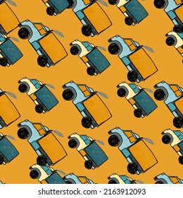 Cute truck car seamless pattern. Kids hand drawn automobile background. Transport wallpaper. Doodle style. Design for fabric, textile print, wrapping, cover. Vector illustration