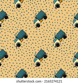 Cute truck car seamless pattern. Kids hand drawn automobile background. Transport wallpaper. Doodle style. Design for fabric, textile print, wrapping, cover. Vector illustration
