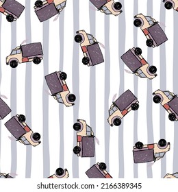 Cute truck car seamless pattern. Kids hand drawn automobile background. Transport wallpaper. Doodle style. Design for fabric, textile print, wrapping, cover. Vector illustration