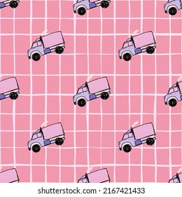 Cute truck car seamless pattern. Kids hand drawn automobile background. Transport wallpaper. Doodle style. Design for fabric, textile print, wrapping, cover. Vector illustration
